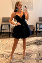 Glitter Black Tiered Spaghetti Straps Short Homecoming Dress
