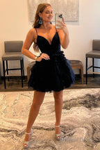 Glitter Black Tiered Spaghetti Straps Short Homecoming Dresses
