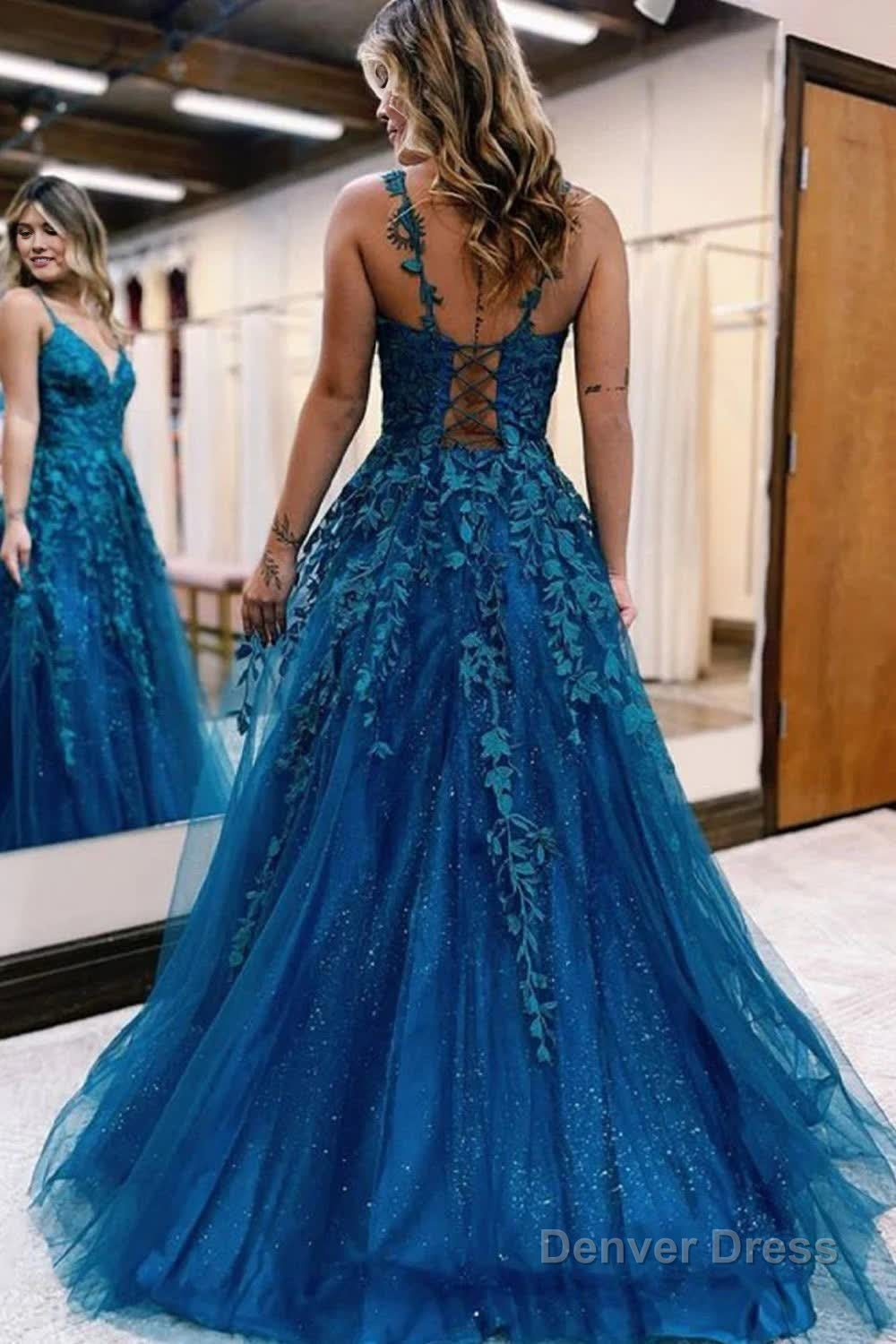 Glitter Blue Lace A Line Long Prom Dresses Secondary image
