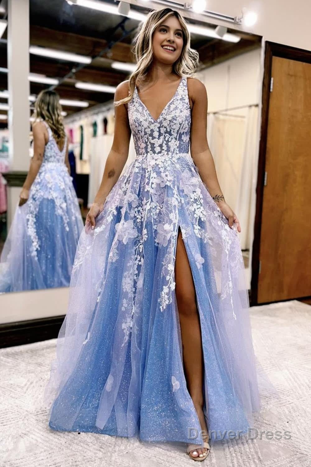 Glitter Blue Lace A-Line Long Prom Dress with Flowers and Pockets Main image