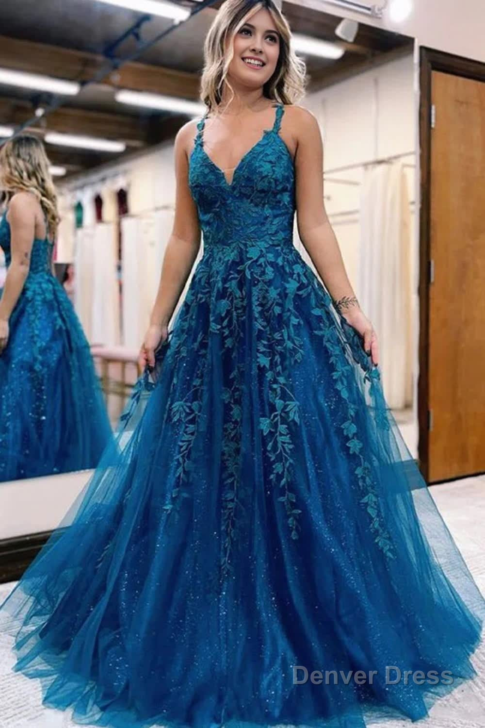 Glitter Blue Lace A-Line Long Prom Dress Main image
