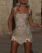 Glitter Champagne Tulle Beaded Birthday Outfits Short Sheath Homecoming Dress Cocktail Dresses
