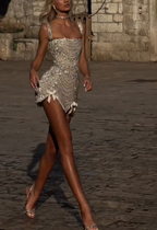 Glitter Champagne Tulle Beaded Birthday Outfits Short Sheath Homecoming Dress Cocktail Dresses