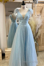 Glitter Feathers V-Neck Empire Waist A-Line Prom Gown,Evening Party Dresses