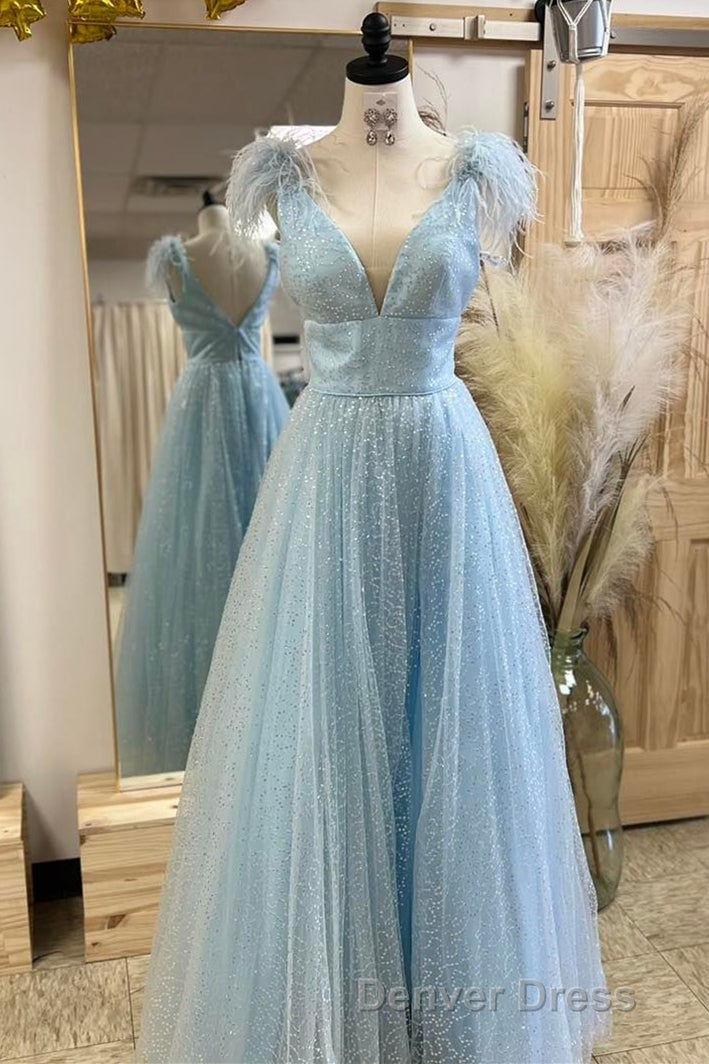 Glitter Feathers V-Neck Empire Waist A-Line Prom Gown,Evening Party Dresses