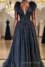 Glitter Feathers V Neck Empire Waist A Line Prom Gowns,Prom Dresses