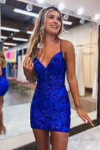 Glitter Fitted V Neck Spaghetti Straps Sequined Appliques Homecoming Dresses