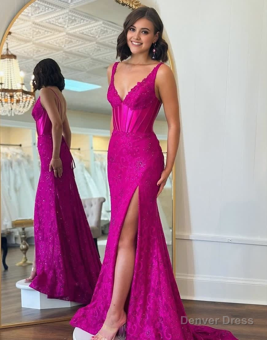 Glitter Fuchsia Mermaid Sweep Train Prom Dress With Slit Main image