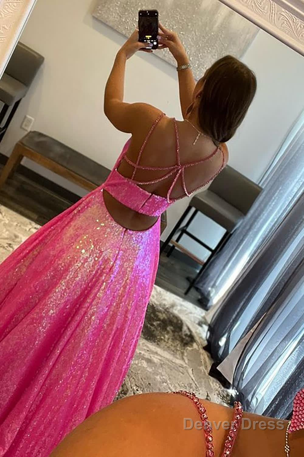 Glitter Fuchsia Sequins Long Prom Dresses Secondary image