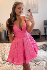 glitter hot pink a line short homecoming dress with pockets