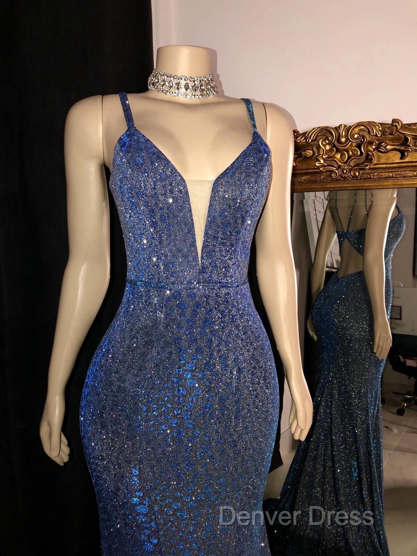 Glitter Mermaid Prom Dresses Long Spaghetti Straps V Neck Open Back Formal Evening Party Gowns