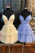Glitter Navy Tiered Spaghetti Straps Short Homecoming Dresses