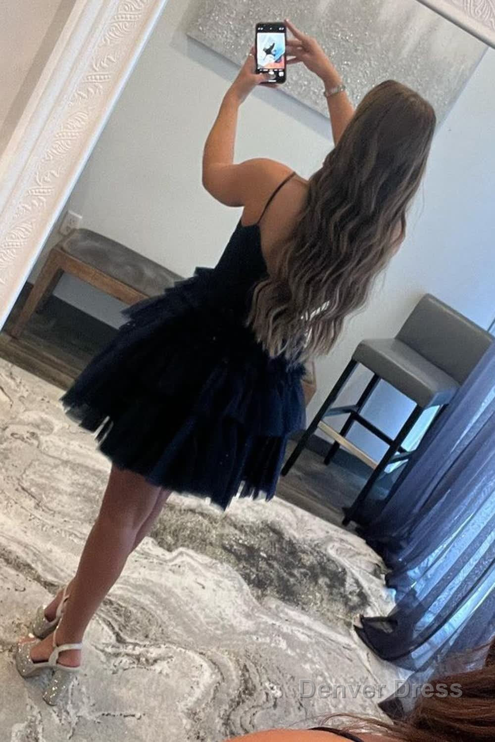 Glitter Navy Tiered Spaghetti Straps Short Homecoming Dresses
