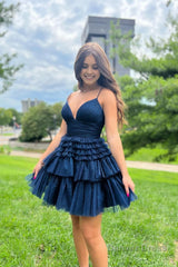 glitter navy tiered spaghetti straps short homecoming dress