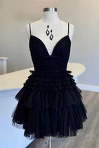 Glitter Navy Tiered Spaghetti Straps Short Homecoming Dresses