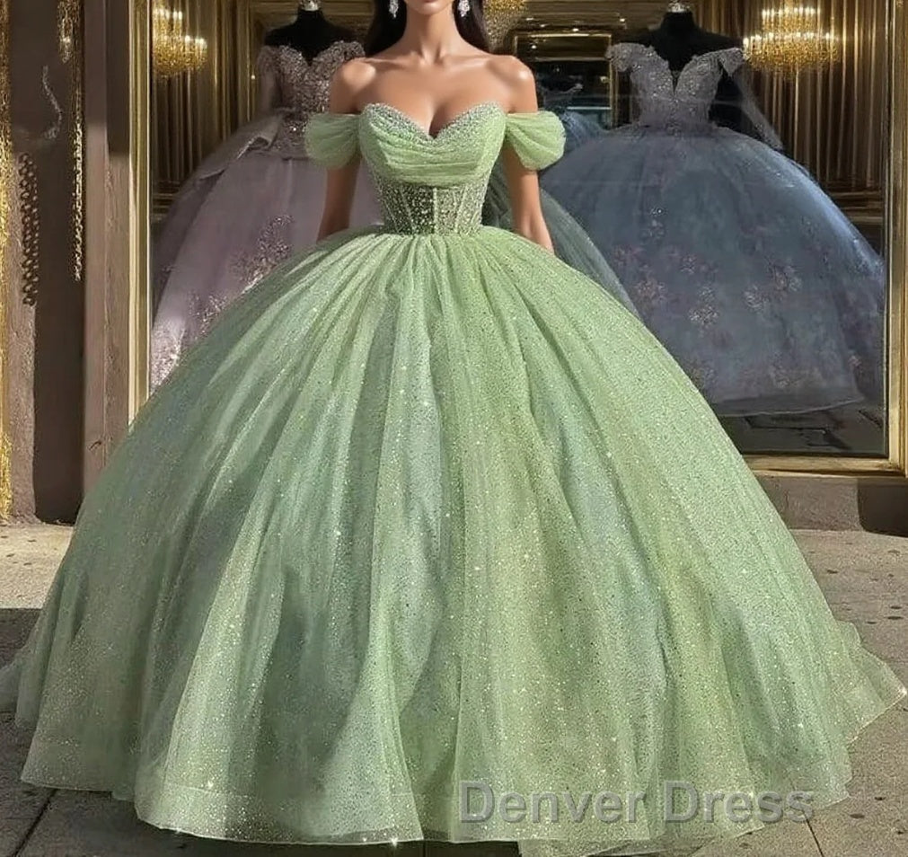 Glitter Off The Shoulder Beading Tulle Long Quinceanera Dresses Main image