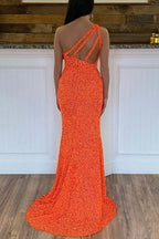 Glitter One Shoulder Hot Pink Sequins Mermaid Prom Dresses With Slit