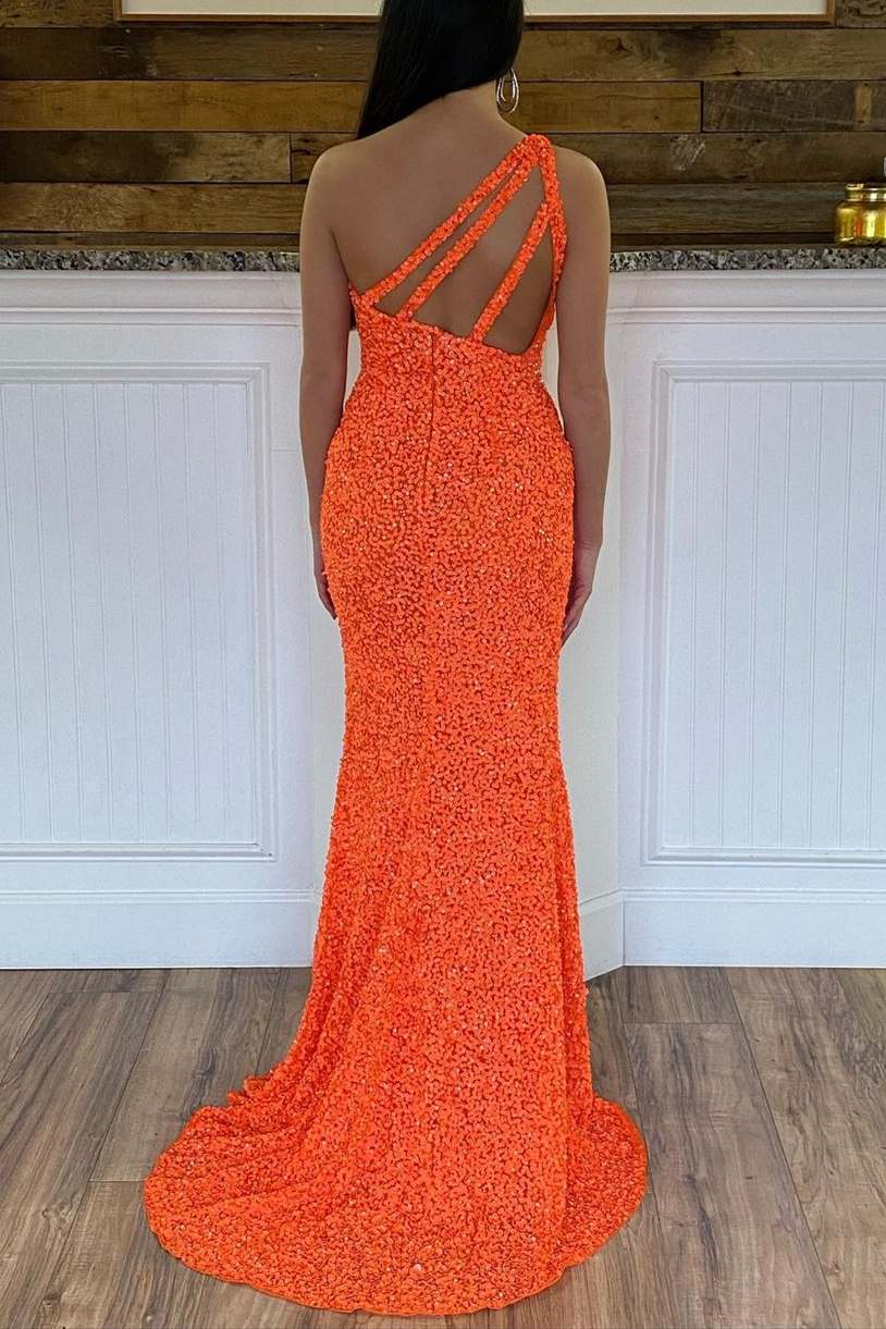 Glitter One Shoulder Hot Pink Sequins Mermaid Prom Dresses With Slit