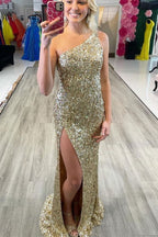 Glitter One Shoulder Hot Pink Sequins Mermaid Prom Dresses With Slit
