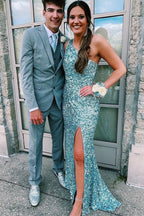 Glitter One Shoulder Hot Pink Sequins Mermaid Prom Dresses With Slit