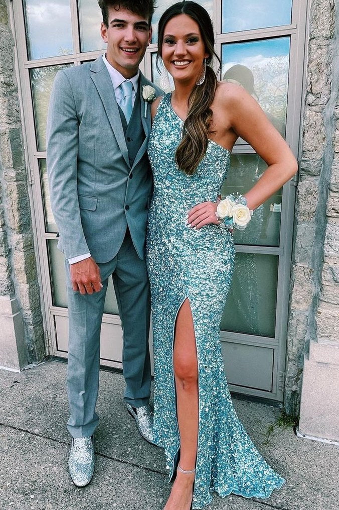 Glitter One Shoulder Hot Pink Sequins Mermaid Prom Dresses With Slit