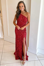 Glitter One Shoulder Hot Pink Sequins Mermaid Prom Dresses With Slit