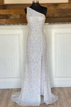 Glitter One Shoulder Hot Pink Sequins Mermaid Prom Dresses With Slit