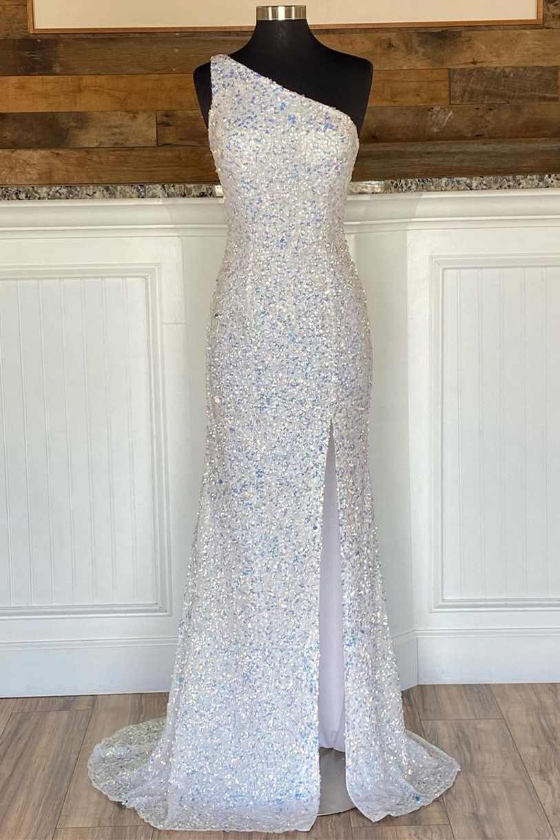 Glitter One Shoulder Hot Pink Sequins Mermaid Prom Dresses With Slit