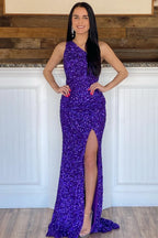 Glitter One Shoulder Hot Pink Sequins Mermaid Prom Dresses With Slit