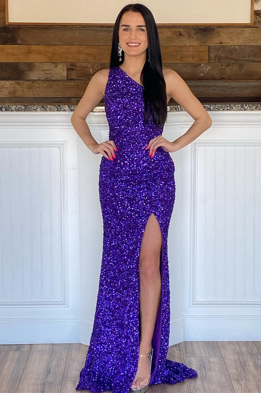 Glitter One Shoulder Hot Pink Sequins Mermaid Prom Dresses With Slit
