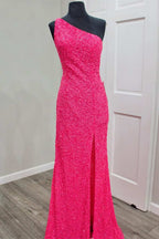Glitter One Shoulder Hot Pink Sequins Mermaid Prom Dresses With Slit