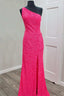 Glitter One Shoulder Hot Pink Sequins Mermaid Prom Dresses With Slit