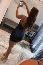 Glitter One Shoulder Tight Black Homecoming Dresses
