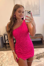 Glitter Orange One Shoulder Beaded Tight Homecoming Dresses