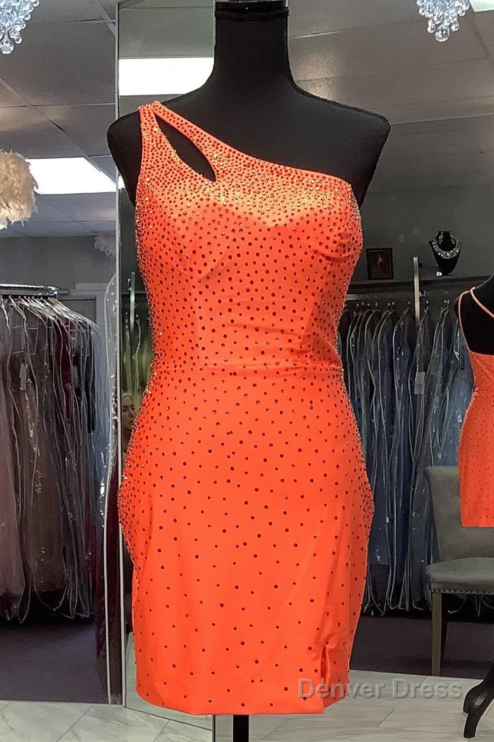 Glitter Orange One Shoulder Sequins Tight Short Homecoming Dresses