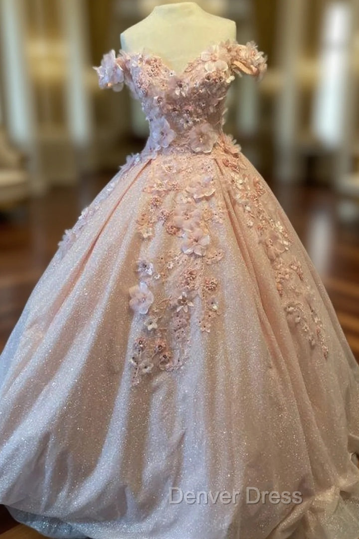 Glitter Pink Off The Shoulder Prom Dress Tulle Appliques Ball Gowns Quinceanera Dresses