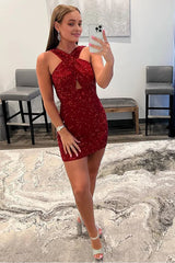 glitter red halter backless sequins tight homecoming dress