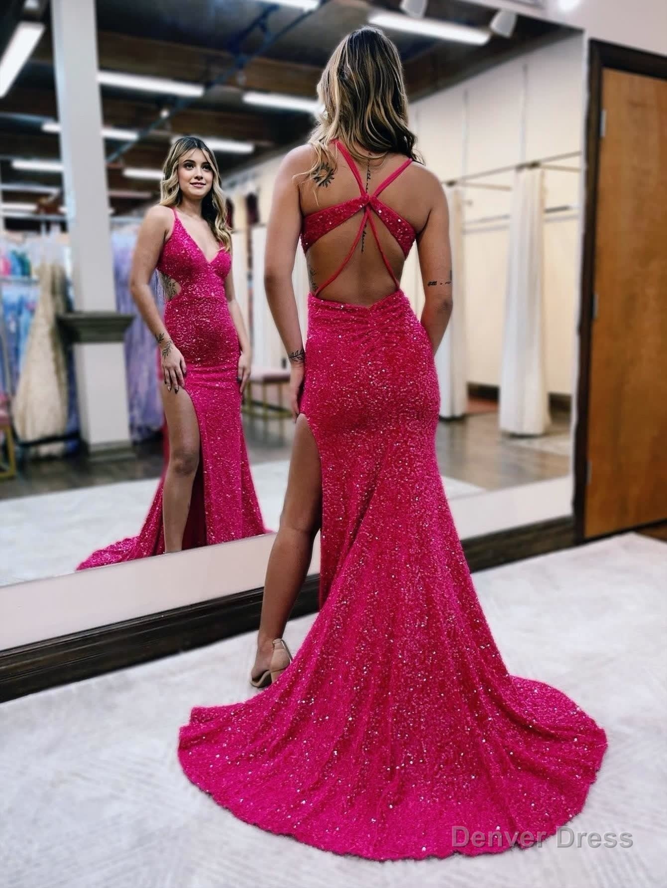 Glitter Red Mermaid V Neck Cut Out Prom Dresses with Slit Secondary image
