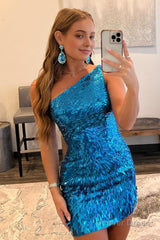 glitter royal blue one shoulder sequins tight hoco dress