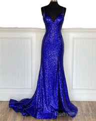Glitter Royal Blue  Sequins Prom Dresses Regency Backless Mermaid Formal Dress