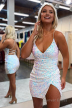 Glitter Royal Blue Spaghetti Straps Sequins Backless Tight Homecoming Dresses with Slit