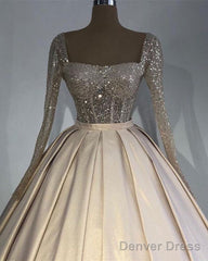 Glitter Sequins Long Sleeves Prom Ball Gown Satin Dresses