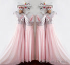 Glitter Sequins V Neck Long Chiffon Pink Bridesmaid Dresses