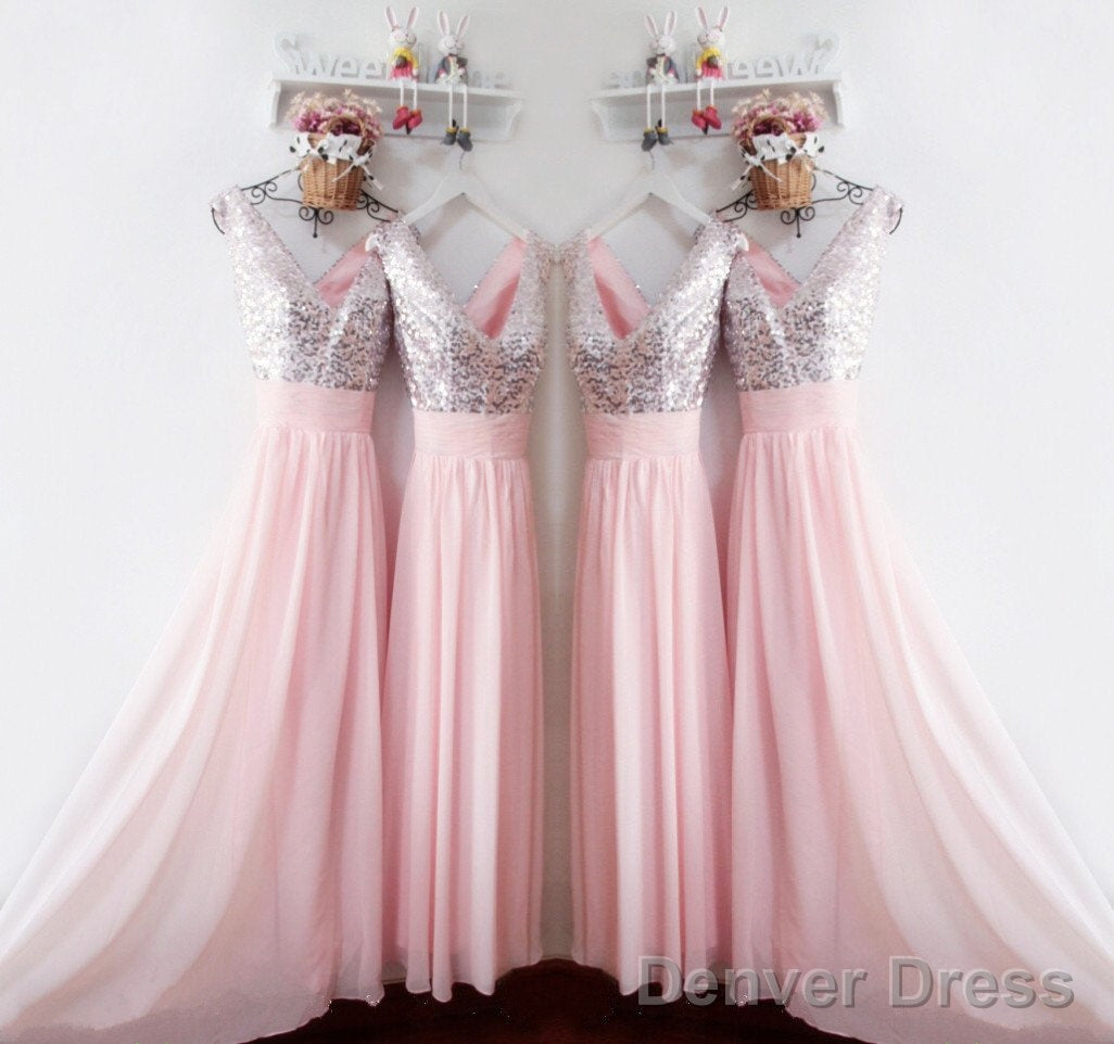 Glitter Sequins V Neck Long Chiffon Pink Bridesmaid Dresses