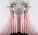 Glitter Sequins V Neck Long Chiffon Pink Bridesmaid Dresses