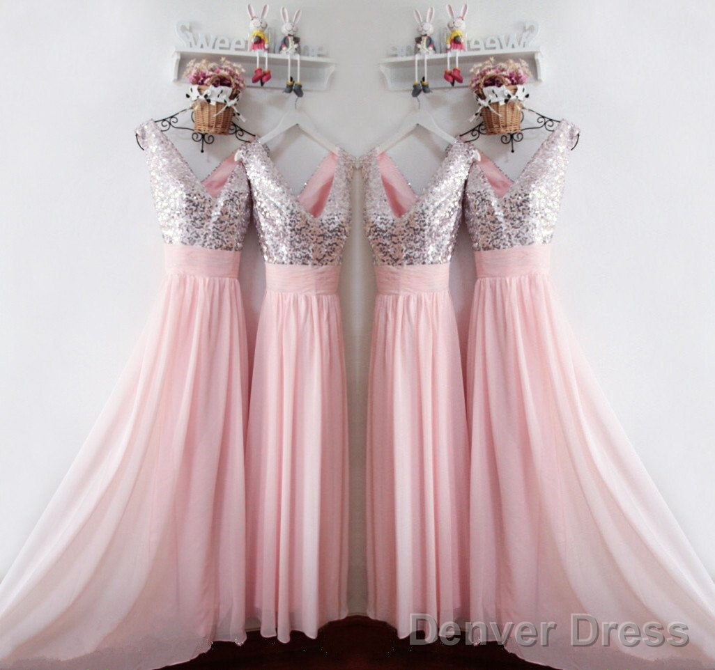 Glitter Sequins V Neck Long Chiffon Pink Bridesmaid Dresses