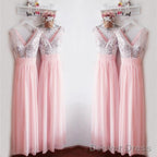 Glitter Sequins V Neck Long Chiffon Pink Bridesmaid Dresses