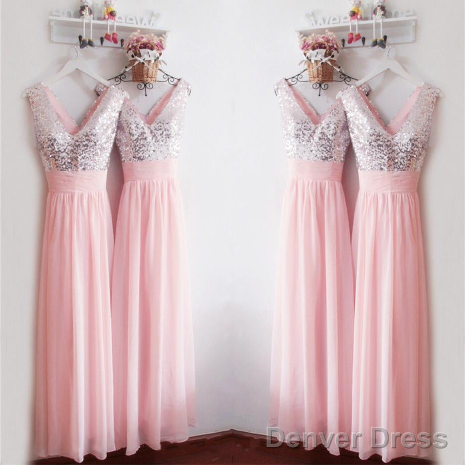 Glitter Sequins V Neck Long Chiffon Pink Bridesmaid Dresses