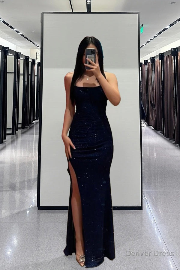 Glitter Sheath Column Navy Blue Prom Dresses with Split Secondary image