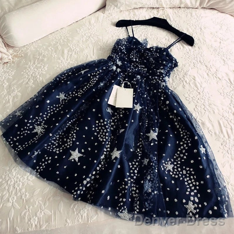 Glitter Stars Sequins Beaded Short Navy Blue Homecoming Prom Dresses